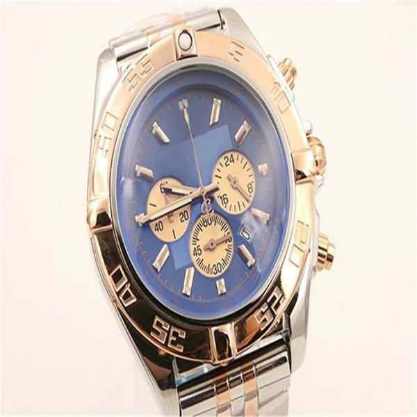 

Top Hot Sale Chronograph Men Stopwatches Chronograph Function Silver Stainless Belt Golden Skeleton Blue Dial Sports watches