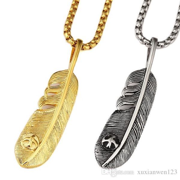 

фабрика продажа мода титан сталь длинная цепь гравировка eagle перо ожерелье vintage hip hop jewelry мужчины женщины подарков, Silver