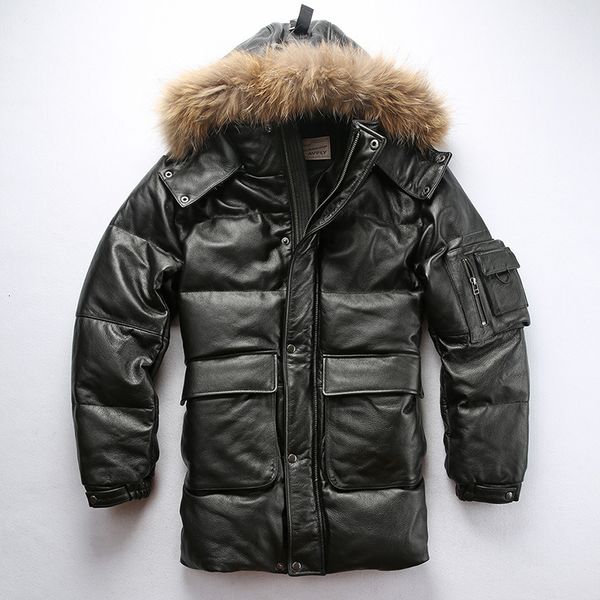 

avfly new men 2020 black long cowskin leather down jacket men winter thick warm russian leather down coats ing