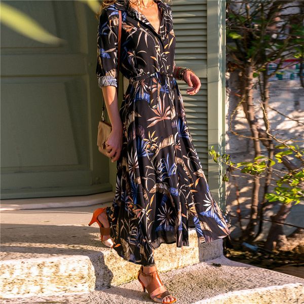 

Women Long Sleeve Dress European and American Style Vintage Flower Print Party Club Bohemia V-neck Casual Maxi Dress Summer Women Dresses