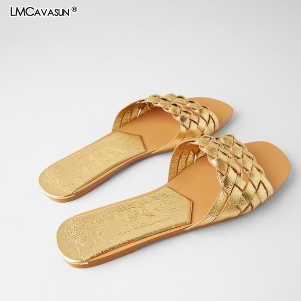 

lmcavasun golden woven slippers women summer 2020 flat heels beach casual slides shoes woman outdoor sandals flip flops muter, Black