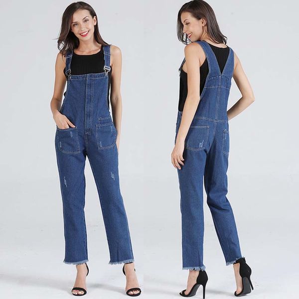 

2020 autumn european style women denim overalls pocket adjustable strap romper high waist jumpsuit female girl loose jeans pants, Blue