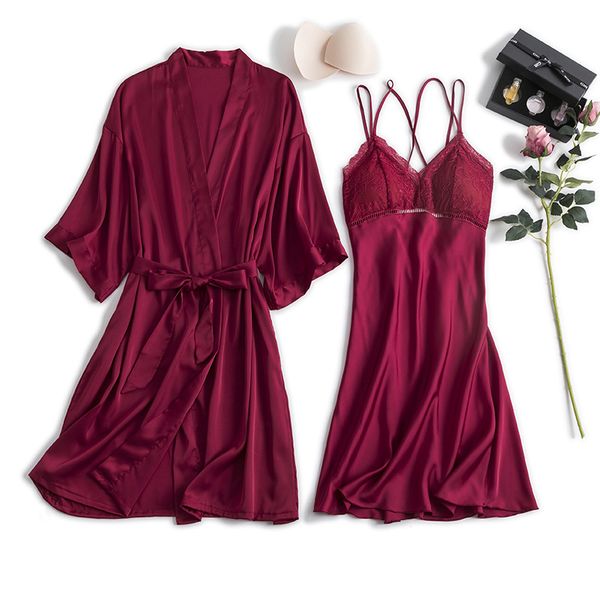 

2020 new lady kimono bathrobe gown lace sleepwear loose home dress nightdress wedding party gift 2pcs burgundy satin robe, Black;red
