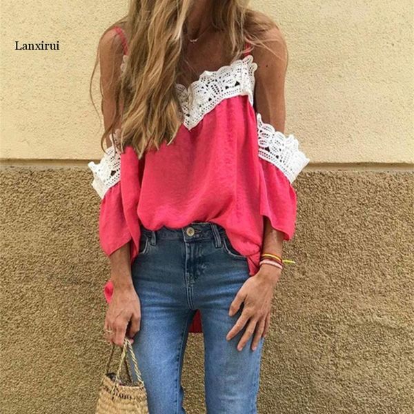 

summer women fashion off shoulder lace v-neck casual blouse, White