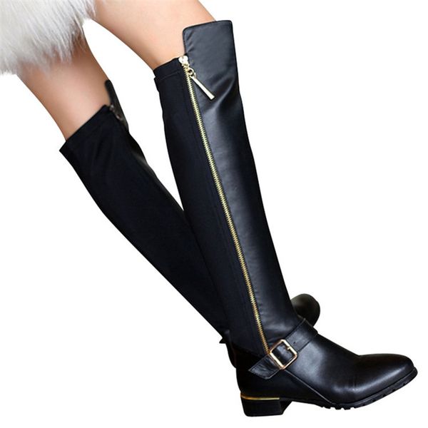 

2020 new genuine leather boots buckle zipper knee high boots autumn winter women fashion shoes female, Black
