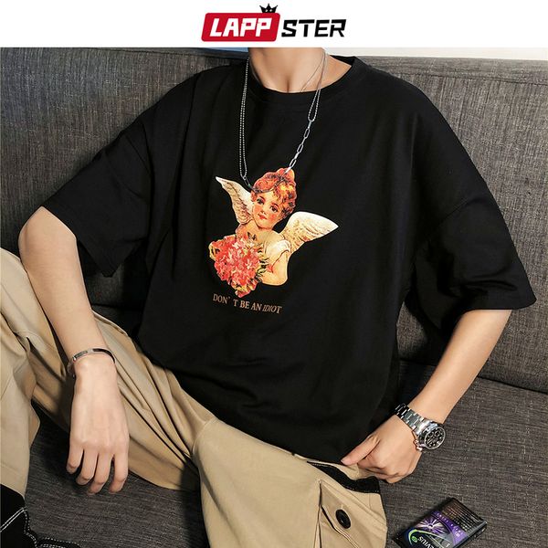 

men's t-shirts lappster summer men angel harajuku tshirts 2021 arrival mens oversized hip hop cotton t-shirt male casual black graphic, White;black