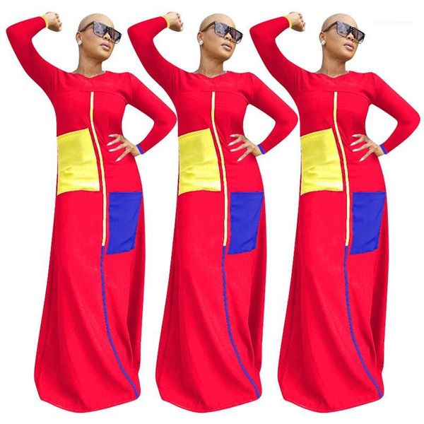 

contrast color pockets dress fashion female clothes autumn womens designer maxi dress long sleeve crew neck, White;black