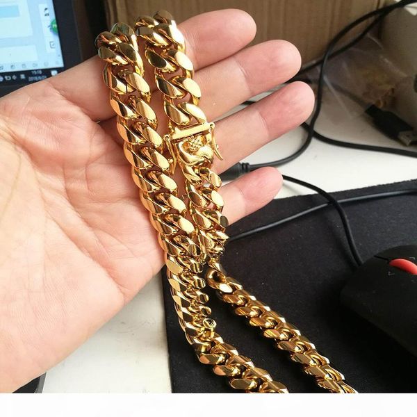 

stainless steel jewelry 18k gold filled plated high polished cuban link necklace men punk curb chain dragon latch clasp 15mm 18inch-30inch, Silver