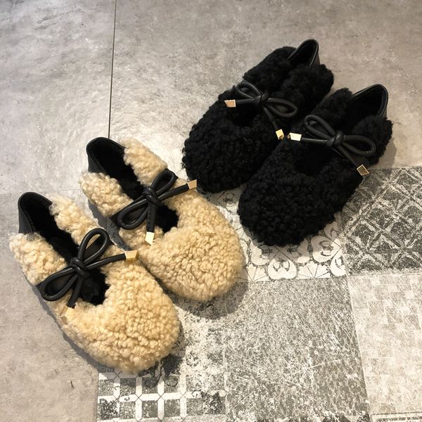 

women winter butterfly knot slip on warm loafers shoes home casual flats shoes women warm plush lazy footwear, Black