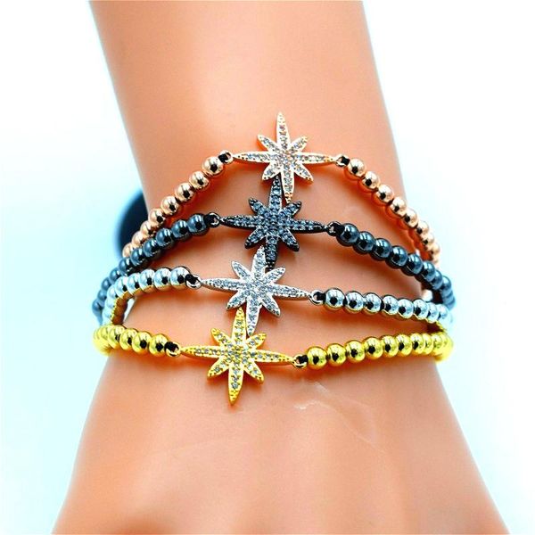 

star charm bracelets for men woman 24k gold plating micro pave cz 4mm beads classic european style braiding bracelets, Black