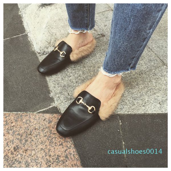 

женщины меха тапочки плюшевой главной трусы скольжение на mule женщины плоской повседневной обуви британского пряжка loafer женщина открытог, Black