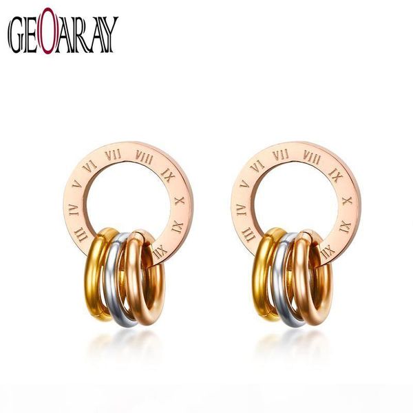 

geoaray fashion unique round stud earrings for women men engraved roman number rose gold stainless steel earring colorful 3 roun, Golden;silver