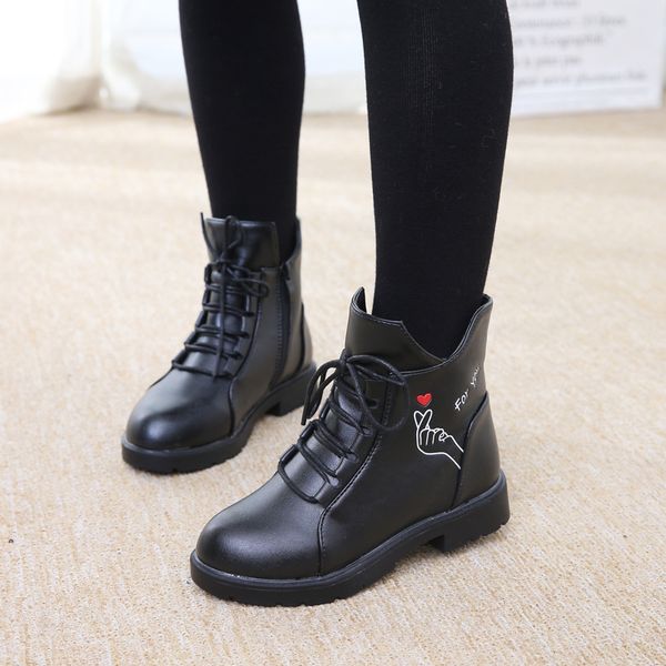 

new 2020 girls leather boots student princess warm winter plush ankle boots waterproof older children snow kids sneakers, Black;grey