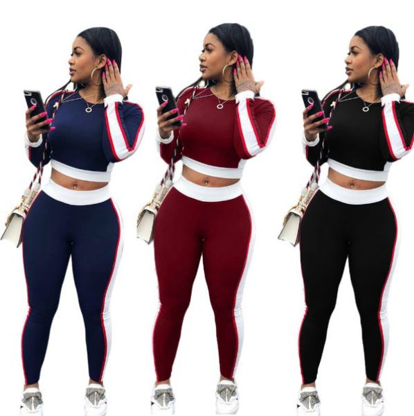 

women sport style clothing sets womens casual stitching active sports suits fashion two pieces sets women long sleeve tshirts+pants, White