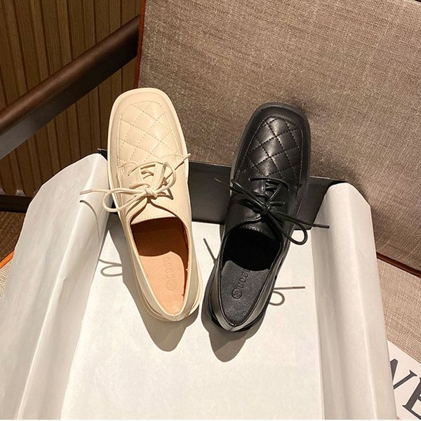

women sewing lozenge lace up oxfords women square toe shallow loafers lady 2020 solid flats youth lattices career derby shoes, Black
