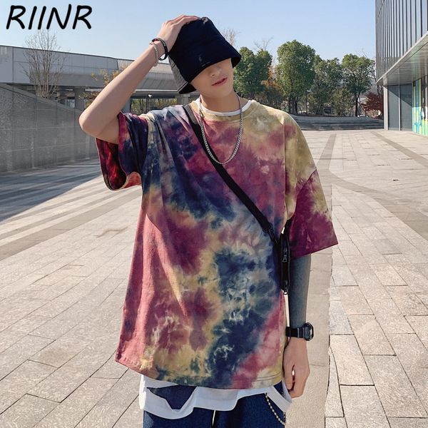 

riinr 2020 spring and summer tie-dye oversize version short-sleeved high street original tide brand colorful men's t-shirt m-5xl