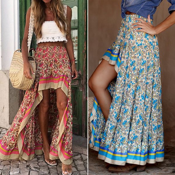 

boho print long skirts women bottoms elastic waist gypsy ethnic ladies skirt, Black