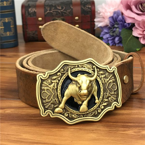 

brass bull cowboy belt buckle leather belt men jeans men leather genuine waist yellow belts for men wide belt male mbt0524, Silver