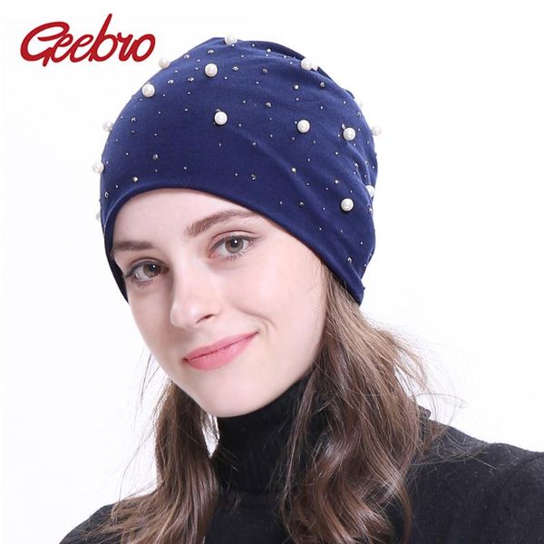 

geebro 2020 new women's beanie hat autumn white pearl rhinestones slouchy beanie for female polyester skullies beanies gc307m, Blue;gray