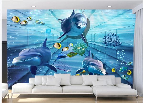 3D Dolphin profundo mar subaquática decoração sala parede fundo do mundo pintura wallpapers cenário bonito