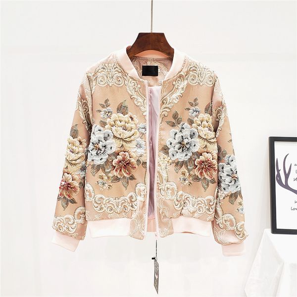 

korean fashion women bombers embroidery floral beading baseball jacket female outerwear loose casual pink jacquard jacket coats, Black;brown