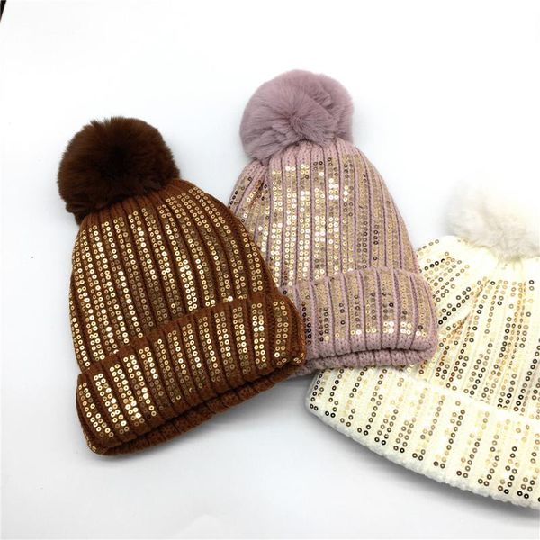 

women gold sequins beanie allover solid beanie cap girls faux fur pompom warm winter hat sequins hat ribbed pink, Blue;gray