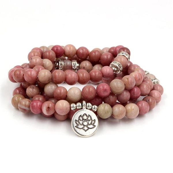 

new 8mm natural rhodonite women 108 mala stone beads bracelet lotus 3d buddha head yoga pendant bracelet healing spiritual gift, Black