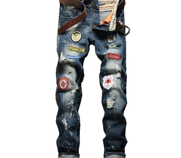 

men's casual badge holes ripped jeans slim straight dirty washed denim pants long trousers, Blue