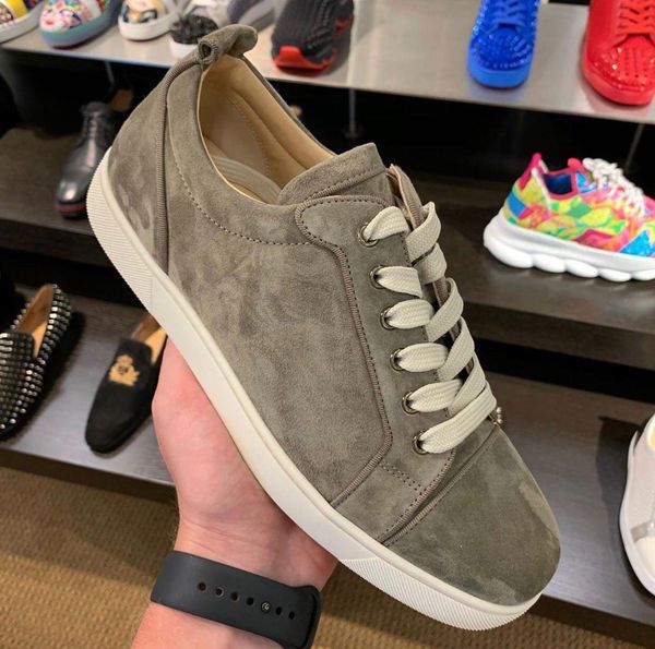 

suede leather men's sports sneakers low cut flat shoes without spikes red bottom homme shoes couple size limited name brand design, Black