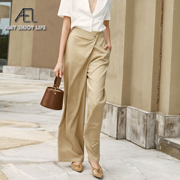 

ael khaki elegant solid wide-legged pants women 2020 fashion high waist asymmetric casual loose wide leg trousers vintage, Black;white