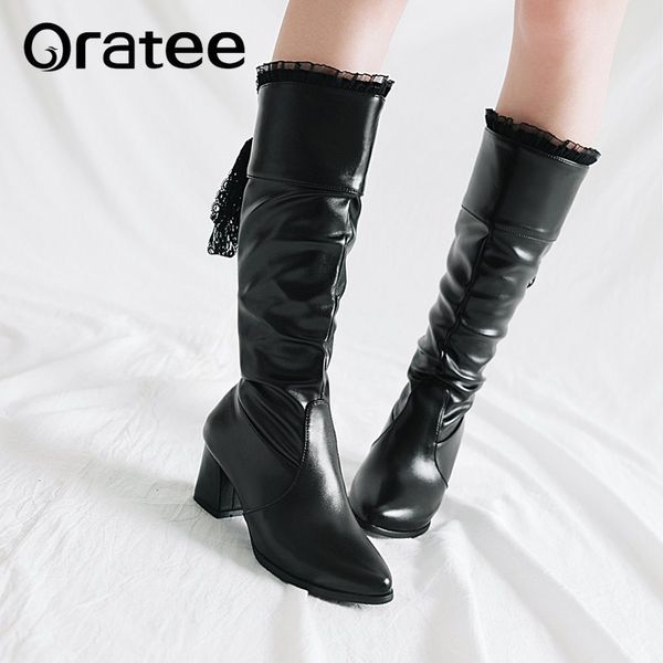 

boots big size 33-43 arrival women mid calf female square heel black color slip on pu leather autumn spring