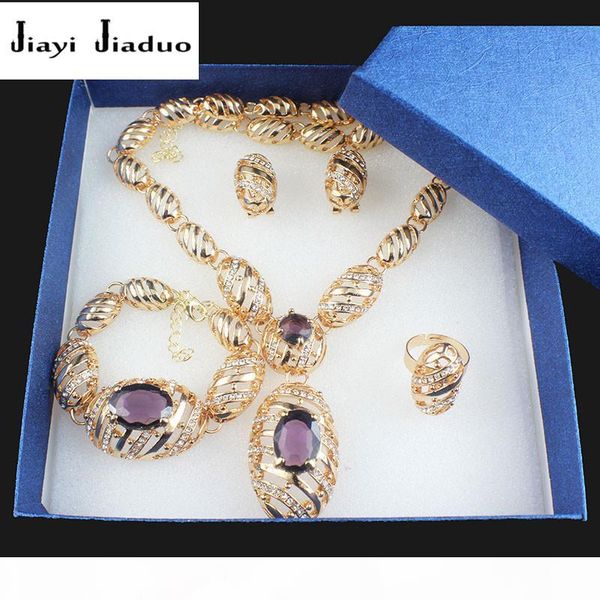 

jiayijiaduo fashion african bride wedding gold-color jewelry set for women necklace earrings bracelet ring gift purple crystal, Black