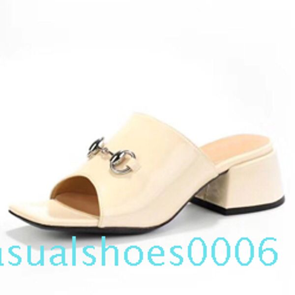 

beach slippers summer designer women shoes coarser heel flops 100% patent leather lady half slipper metal luxury high heeled sandals c06, Black