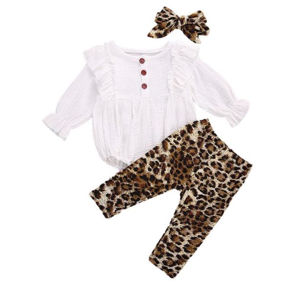 

newborn toddler baby girls clothes set solid ruffles long sleeve romper leopard pants autumn baby outfits, White