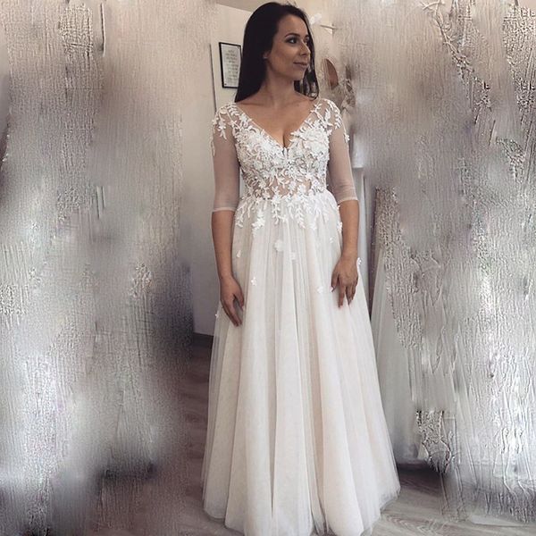 

simple half sleeves wedding dresses appliques v-neck a line dress floor length bridal gowns formal plus size robe de mariée 2020, White