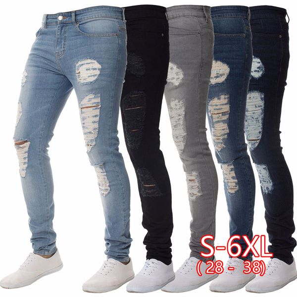 

men's jeans autumn slim hole long pants youth trend stretch wild, Blue