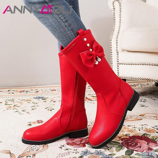 

annymoli med heel boots woman mid calf boots bow chunky heel shoes zipper round toe ladies autumn winter black pink red