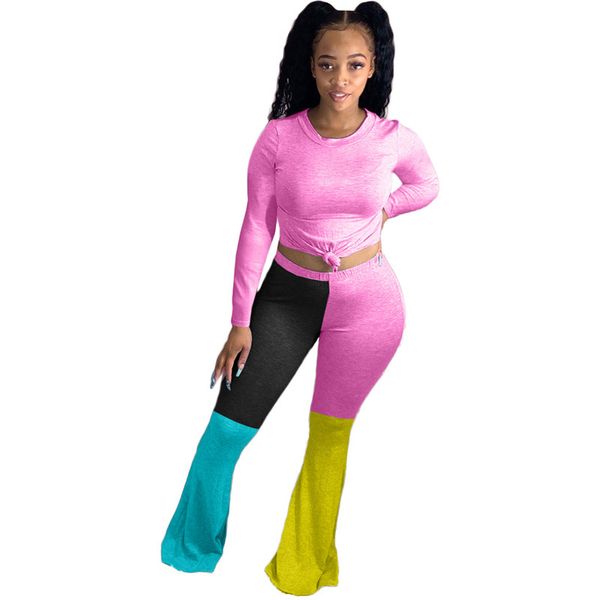 

женщины tracksuit цвета конфеты двухкусочный эпикировка с длинным рукавом tshirt лоскутная flared брюки клеш брюки леггинсы комплекты d8411, White