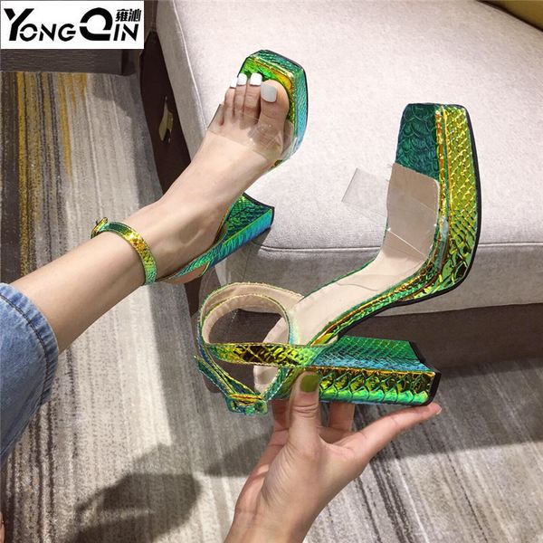 

new snake print high-heeled sandals buckle thick heel women's shoes size 35-41, Black