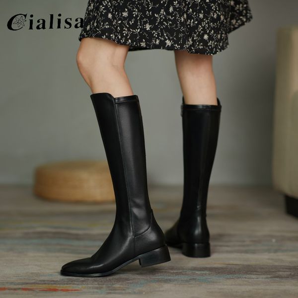 

cialisa shoes new autumn winter genuine leather chunky heel casual non-slip zip riding round toe knee-high boots, Black