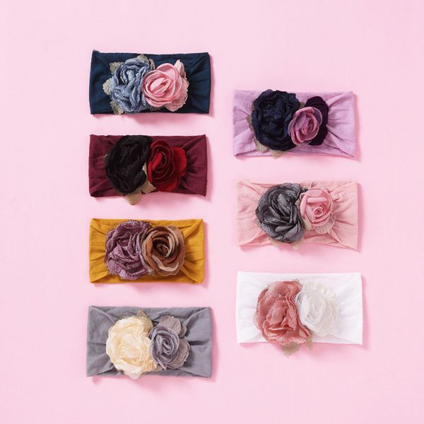 

baby girl flower headband kids lace rose hairband infant turban headear princess headwear accessories p props, Slivery;white