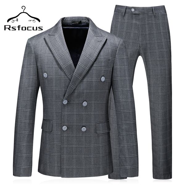 

rsfocus mens double breasted suit two piece tuxedo groom suits for men wedding slim fit gray plaid suit casual formal wear tz029, White;black