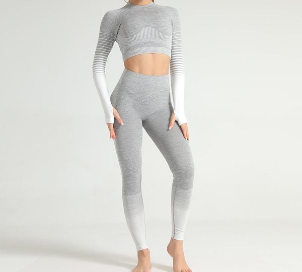 

seamless yoga set sport outfits women two 2 piece dry fit tight long sleeve crop leggings workout gym suit fitness sets t200424, Gray