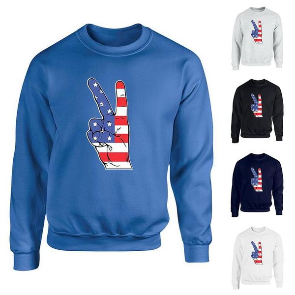

shujin new men autumn pullovers fashion american flag victory gesture printed sweatshirt fleece warm for men streetwear, Black