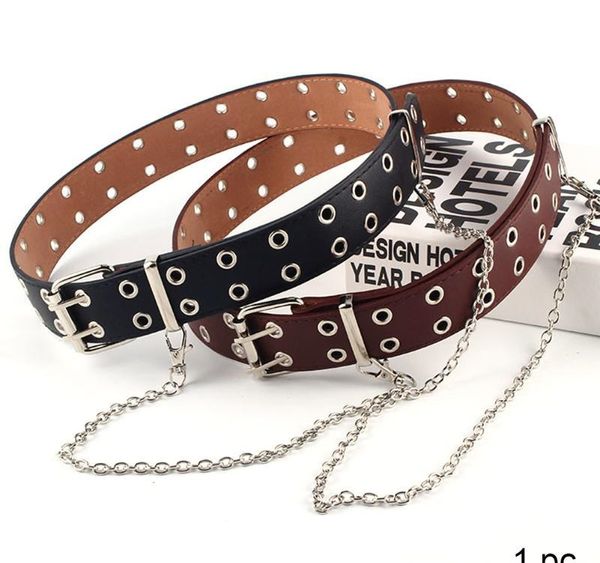 

square buckle with chain faux leather long fashion women belt adults casual punk style for jeans double breasted gift01, Black;brown