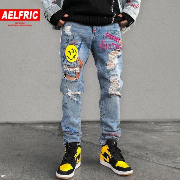 

AELFRIC Hip Hop Funny Graffiti Hole Jeans Mens 2019 Harajuku Fashion Casual Trousersl Joggers Male Streetwear Harem Cargo Pants