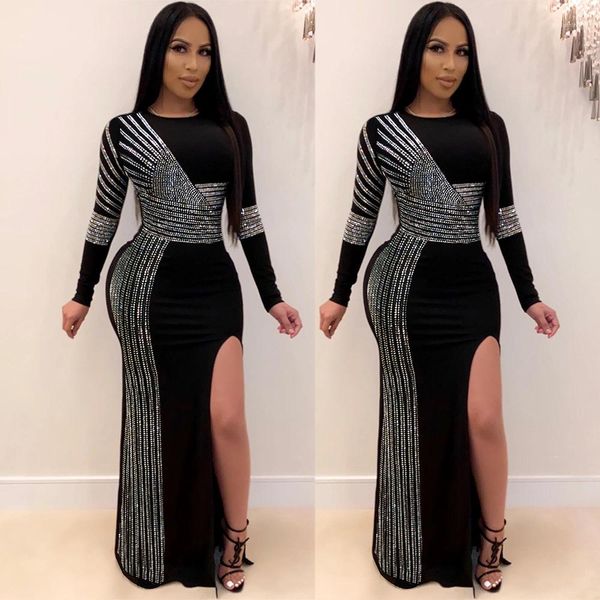 

clothing womens designer dress long sleeve drilling crew neck split party dress fashion female, Black;gray