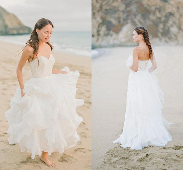 

simple beach wedding dresses sweetheart strapless lace chiffon skirt ruffles flouncing bridal dress zipper back 2020 spring, White
