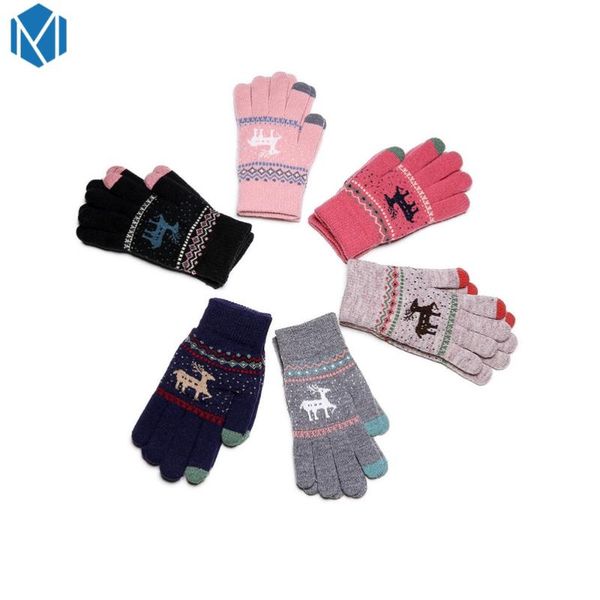 

new women warm gloves female thick knitted reindeer full finger gloves winter christmas mittens screen sense mitaine femme luvas, Blue;gray