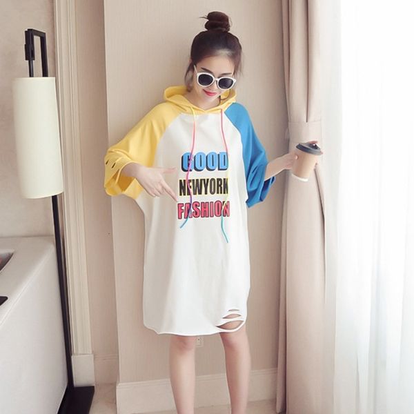 

#1196 summer half sleeve cotton t shirts ladies large size hooded streetwear tees female loose long tee shirt femme letter holes, White